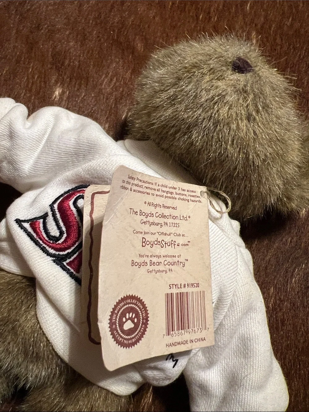 Boyds Bears Brown Plush Teddy in White SMS Sweatshirt